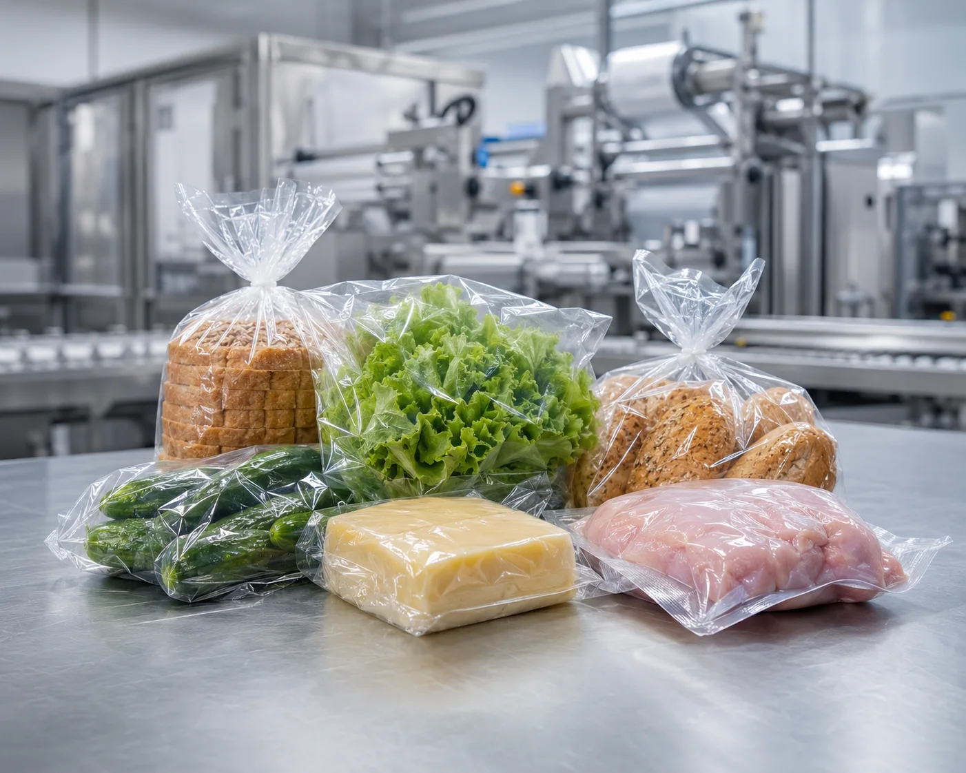 Продукти харчування у прозорій поліетиленовій упаковці